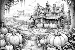 filligree fairy tale hause surrounded by pumpkins in the field