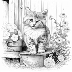 a cute kitten sitting outside her house