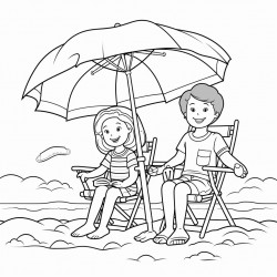 kids at the beach with their supplies by their chair under a umbrella