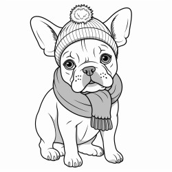 grey angrey and white french bulldog puppy with a grey and pink woolen hat and a pink woolen collar