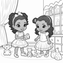 two little beautiful african american toddles with ponytails and bows playing with toys in a beautiful girly bedroom coloring page coloring page