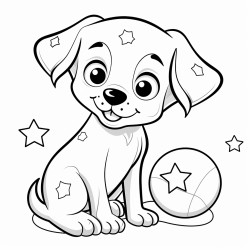 a puppy with planetshaped markings playing with a starshaped ball