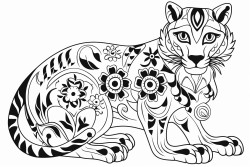 can you create a coloring sheet of an alebrije that has elements of a panther a snake a butterfly and a red panda