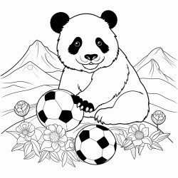 a picture of a panda eating a soccerball on top of a mountain with flowers under his feet