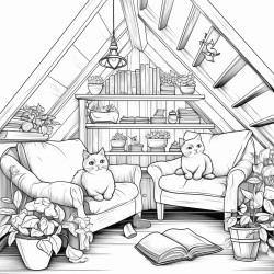 cute comfy attic with cats reading books