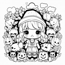coloring page summer hallowen no background kawaii style white and black