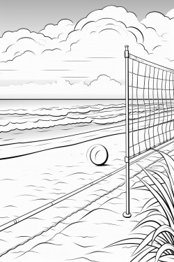 beach volleyball with the ocean in the background