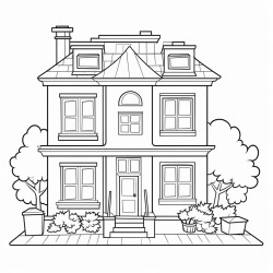 a single town house Nothing on the background or foreground The town house has four levels Each level has a balcony and a window There are no other buildings No shading Simple outlines