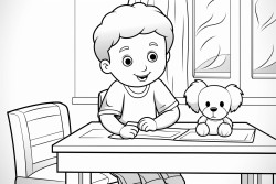 a little boy coloring on a table with many colors