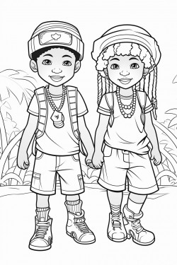 professional sketch drawing of african boy and a girl chlid playing in the village for coloring book coloring page