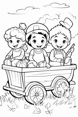 a cute hayride with friends  coloring bookvector white background black and white black drawing