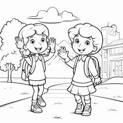 elementary student waving good bye to a friend at school