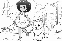 beautiful  african american young girl walking with cute fluffy puppy