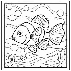 mosaic of clownfish in front of seaweed 16 colors 100 curved segments bold black lines no details no grayscale no shadows