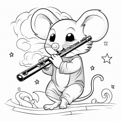 a mouse playing a flute under the moon