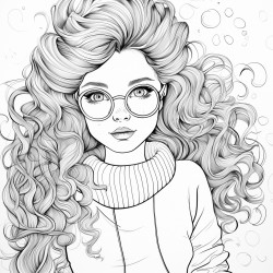 make a cute girl with a chubby figure long wavy hair glasses and has a long skirt with a sweater