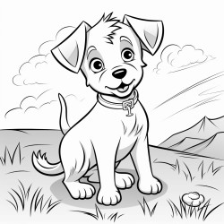 create a coloring book of a simple anime dog on a farm