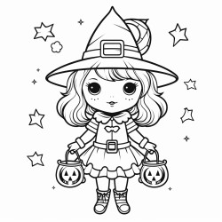 outline art for cute halloween coloring page with witch white background sketch style