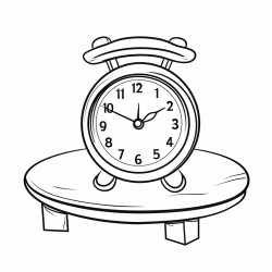 create a simple 3d art colouring page image of a cute round shaped desk clock on a table on a white background