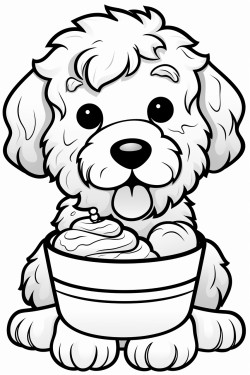 a cute golden doodle puppy eating a big bowl of ice cream