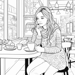girl sitting in coffee shop crocheting