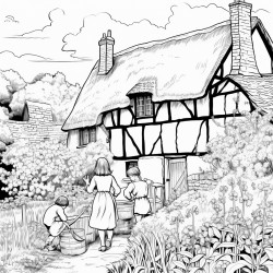 mother with 5 children weeding a garden in an old english countryside next to cobbled cottage with thatched roof