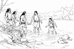 native americans crossing a river on foot using a grapevine as a rope to keep them connected