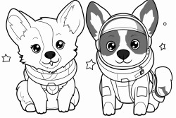 a corgi with no tail and a blue healer with floppy ears as astronauts in space