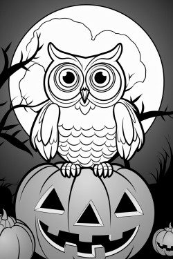 smiling halloween pumpkin and cute owl flying in front of the moon