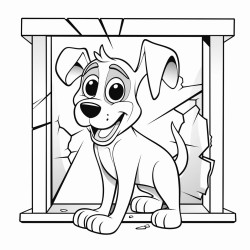 funny scene with dog by a broken window that he broke