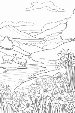 flower meadow with animals and a stream and a sunrise