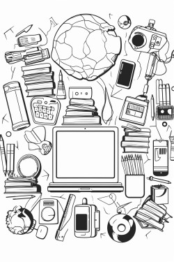 technological equipment collage laptops ipads genius symbol thinking pencils ruler scissors glue paper books light bulb