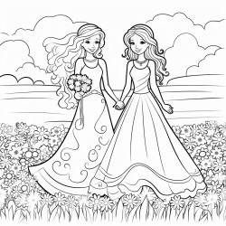 a thin bride and a curvy bride in a field of flowers