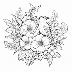floral composition bouquet with hand drawn flowers blossom branches leaves and birds