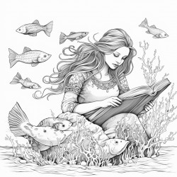 mermaid reading a book underwater on a reef