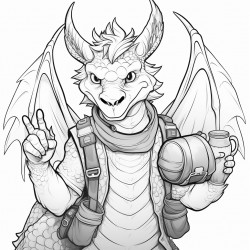 nice dragon with a backpack giving a peace sign