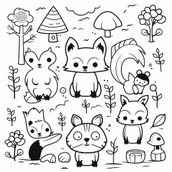 a blackandwhite coloring book page with cute cartoon woodland animals warm and hyggeinspired with simple bold lines