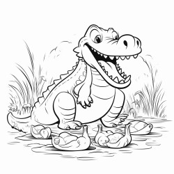 a cartoon alligator feeding ducks