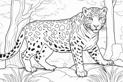 illustrate an amur leopard stealthily moving through a snowy forest with dense trees and underbrush