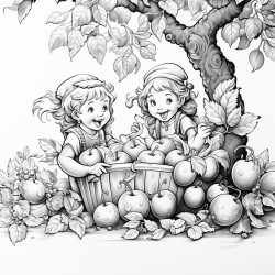 a diverse group of happy fairies pick magical fruits in an orchard on a sunny day with pleasant breeze