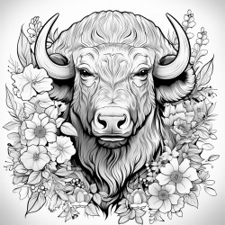 bison front pose highly detailed black outline mandalas theme floral elements no grayscale epic illustration masterpiece