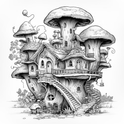 mushroom tree house with flying unicorns