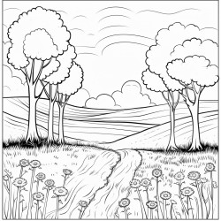 make me a drawing page of trees and a field with flowers