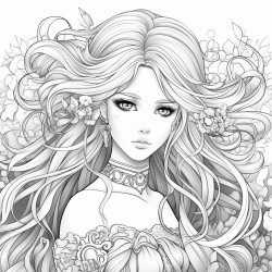 greyscale adult coloring page with manga woman with long hair