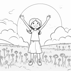 a girl in a meadow with her hands up in praise coloring page with and without color in same image black and white line art white background simplicity ample white space