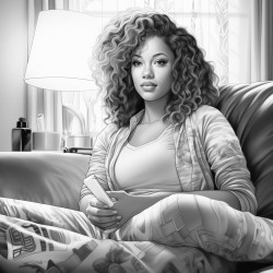beautiful african american woman sitting on her bed watching television