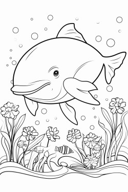 cute whale in water with flowers and butterflys