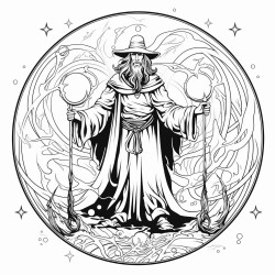 a sorcerer with a staff summoning dark magic in a ritual circle