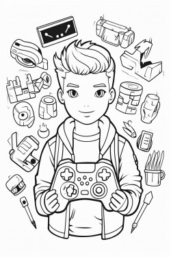 bw outline art for kids coloring book outline in bold black lines white background with gamer theme