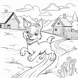 a dog running on a farm with nature in the surroundings